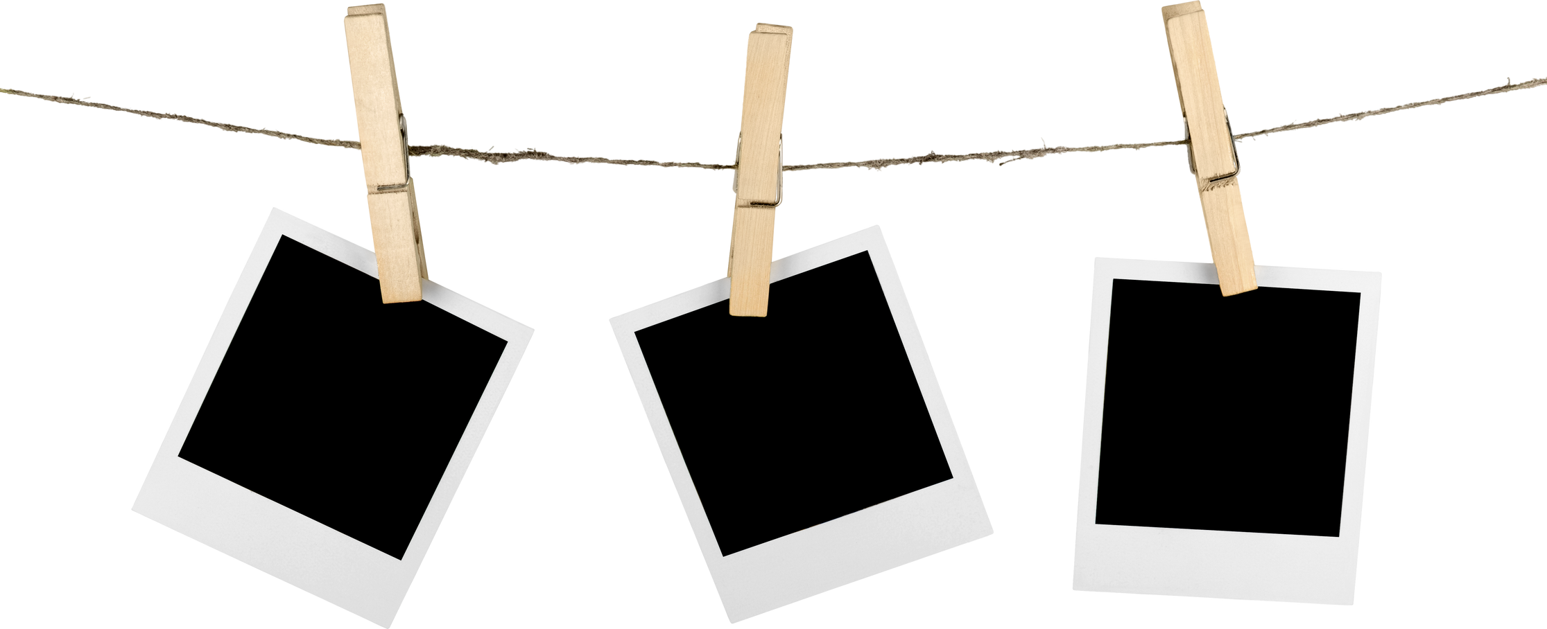 Three Blank Polaroid Frames Hanging on Twine Attached with Clothespins